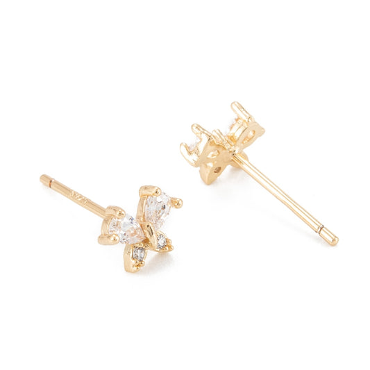 E974 - 2 pcs (1 Pair) Brass Cubic Zirconia (CZ) Micro Pave Earring Studs with 925 Sterling Silver Pins and Rubber Backs - 6mm x 5mm - Real 14k Plated - Butterfly