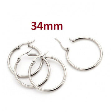 E893 - 6 pcs (3 pairs) 304 Stainless Steel Silver Tone Earring Hoops - 34mm (1.34 inch)