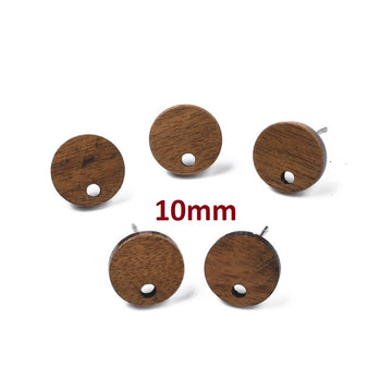 E906 - 10 pcs. 316 Stainless Steel Earring Posts Studs Settings Cabochons Tacks - 10mm Diameter - Wood - Brown - Thin Frame