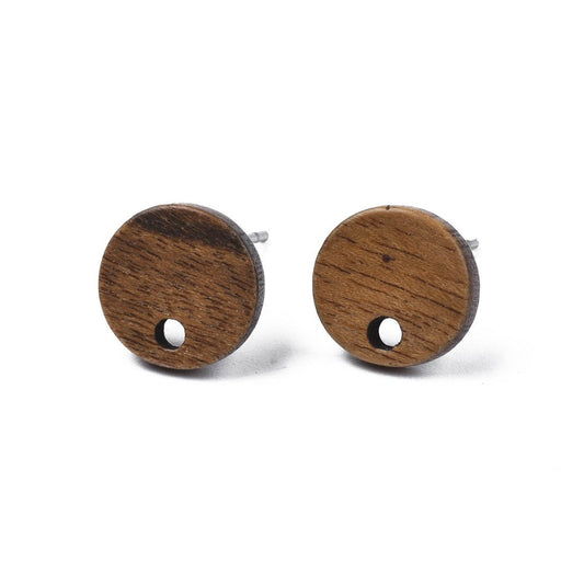 E906 - 10 pcs. 316 Stainless Steel Earring Posts Studs Settings Cabochons Tacks - 10mm Diameter - Wood - Brown - Thin Frame