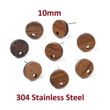 E907 - 10 pcs. 304 Stainless Steel Earring Posts Studs Settings Cabochons Tacks - 10mm Diameter - Wood - Brown - Thin Frame