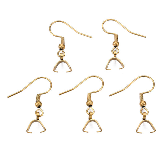 E910 - 10 pcs 304 Stainless Steel Earring Hooks with Spring and Ball - 27mm x 20mm - With Pinch Clips Bails - Gold Plated