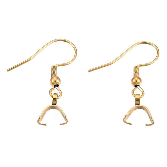 E910 - 10 pcs 304 Stainless Steel Earring Hooks with Spring and Ball - 27mm x 20mm - With Pinch Clips Bails - Gold Plated
