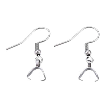 E911 - 10 pcs 304 Stainless Steel Earring Hooks with Spring and Ball - 27mm x 20mm - With Pinch Clips Bails - Silver Tone