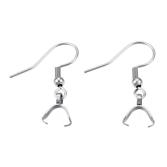 E911 - 10 pcs 304 Stainless Steel Earring Hooks with Spring and Ball - 27mm x 20mm - With Pinch Clips Bails - Silver Tone