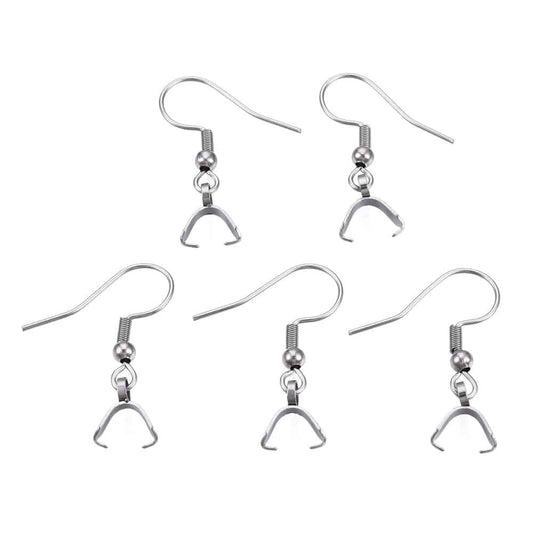 E911 - 10 pcs 304 Stainless Steel Earring Hooks with Spring and Ball - 27mm x 20mm - With Pinch Clips Bails - Silver Tone
