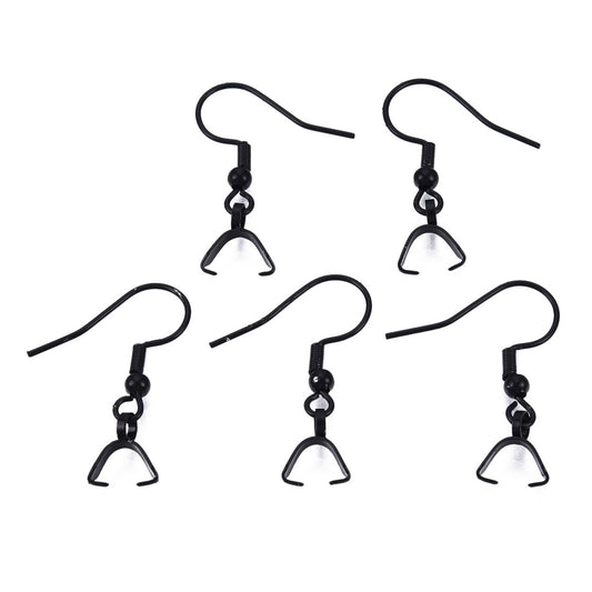 E912 - 8 pcs 304 Stainless Steel Earring Hooks with Spring and Ball - 27mm x 20mm - With Pinch Clips Bails - Black