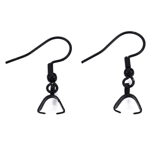 E912 - 8 pcs 304 Stainless Steel Earring Hooks with Spring and Ball - 27mm x 20mm - With Pinch Clips Bails - Black