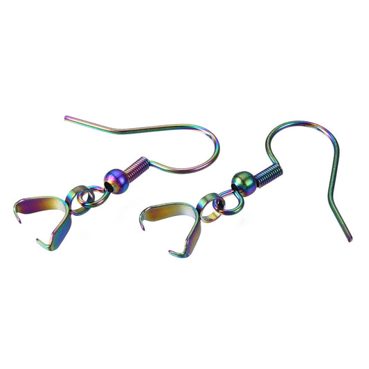 E914 - 10 pcs 304 Stainless Steel Earring Hooks with Spring and Ball - 27mm x 20mm - With Pinch Clips Bails - Rainbow Plated