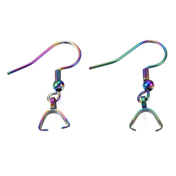 E914 - 10 pcs 304 Stainless Steel Earring Hooks with Spring and Ball - 27mm x 20mm - With Pinch Clips Bails - Rainbow Plated
