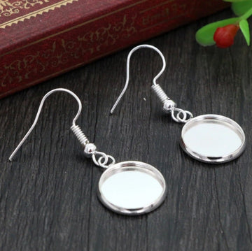 E916 - 10 pcs. Silver Plated Earring Dangle Hooks Settings Bezels Cabochons - 12mm Glue Pad Setting - Single Sided