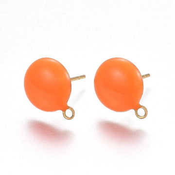 E939 - 10 pcs. 304 Stainless Steel Gold Plated Half Round Earring Ball Posts with Loop - Orange Enamel - 12.5mm x 10mm - Hole: 1mm - with Stoppers!