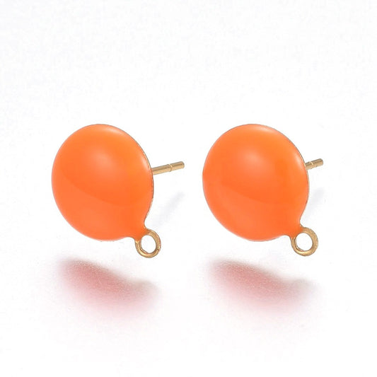 E939 - 10 pcs. 304 Stainless Steel Gold Plated Half Round Earring Ball Posts with Loop - Orange Enamel - 12.5mm x 10mm - Hole: 1mm - with Stoppers!