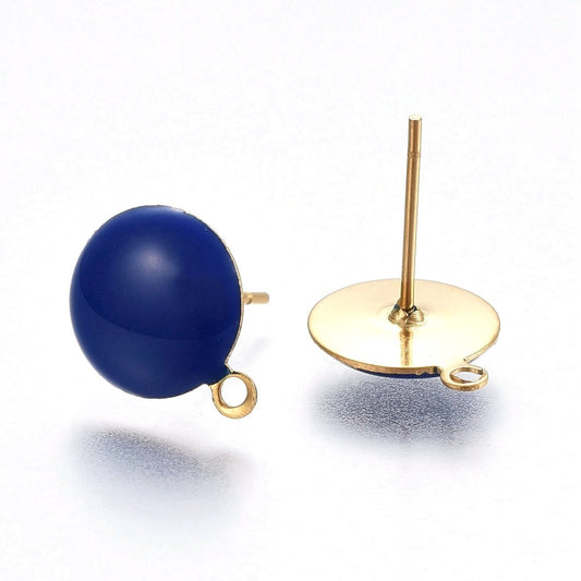 E938 - 10 pcs. 304 Stainless Steel Gold Plated Half Round Earring Ball Posts with Loop - Blue Enamel - 12.5mm x 10mm - Hole: 1mm - with Stoppers!
