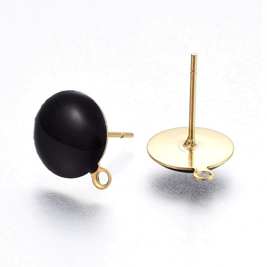 E936 - 10 pcs. 304 Stainless Steel Gold Plated Half Round Earring Ball Posts with Loop - Black Enamel - 12.5mm x 10mm - Hole: 1mm - with Stoppers!