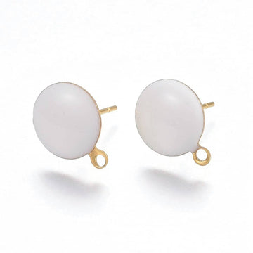E937 - 10 pcs. 304 Stainless Steel Gold Plated Half Round Earring Ball Posts with Loop - White Enamel - 12.5mm x 10mm - Hole: 1.2mm - with Stoppers!