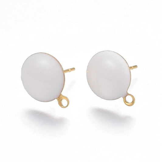 E937 - 10 pcs. 304 Stainless Steel Gold Plated Half Round Earring Ball Posts with Loop - White Enamel - 12.5mm x 10mm - Hole: 1.2mm - with Stoppers!