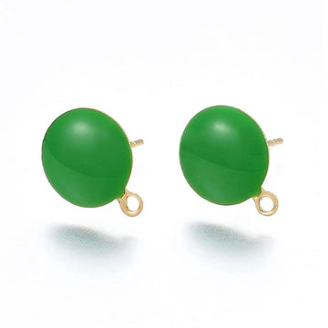 E941 - 10 pcs. 304 Stainless Steel Gold Plated Half Round Earring Ball Posts with Loop - Green Enamel - 12.5mm x 10mm - Hole: 1.2mm - with Stoppers!