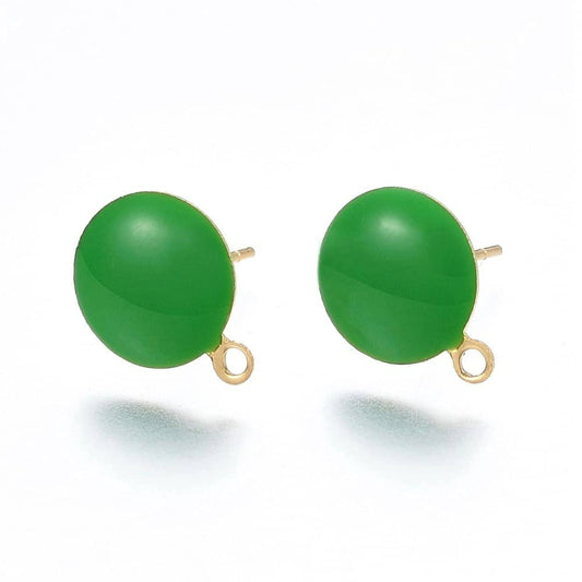 E941 - 10 pcs. 304 Stainless Steel Gold Plated Half Round Earring Ball Posts with Loop - Green Enamel - 12.5mm x 10mm - Hole: 1.2mm - with Stoppers!