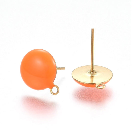 E939 - 10 pcs. 304 Stainless Steel Gold Plated Half Round Earring Ball Posts with Loop - Orange Enamel - 12.5mm x 10mm - Hole: 1mm - with Stoppers!