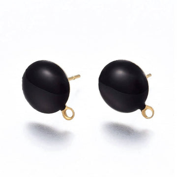 E936 - 10 pcs. 304 Stainless Steel Gold Plated Half Round Earring Ball Posts with Loop - Black Enamel - 12.5mm x 10mm - Hole: 1mm - with Stoppers!