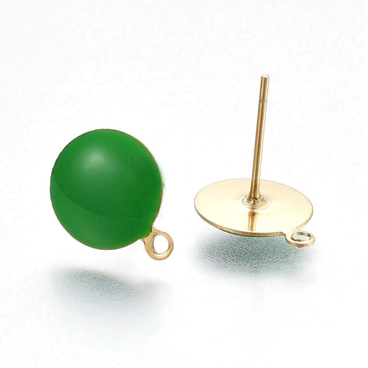 E941 - 10 pcs. 304 Stainless Steel Gold Plated Half Round Earring Ball Posts with Loop - Green Enamel - 12.5mm x 10mm - Hole: 1.2mm - with Stoppers!