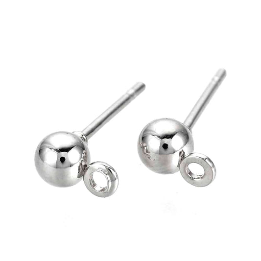 E935 - 100 pcs (50 pairs) Iron Earring Ball Posts Settings with Loop - 6.5mm x 4mm - Silver Tone - Rubber Stoppers Included! - Hole Size: 1mm