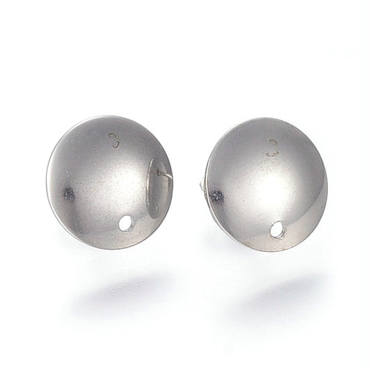 E942 - 10 pcs. 304 Stainless Steel Half Round Earring Ball Posts with Hole - Silver Tone - 13mm x 2mm - Hole: 1.5mm - with Stoppers!