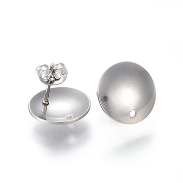 E942 - 10 pcs. 304 Stainless Steel Half Round Earring Ball Posts with Hole - Silver Tone - 13mm x 2mm - Hole: 1.5mm - with Stoppers!