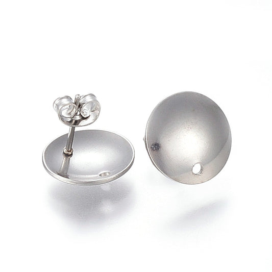 E942 - 10 pcs. 304 Stainless Steel Half Round Earring Ball Posts with Hole - Silver Tone - 13mm x 2mm - Hole: 1.5mm - with Stoppers!