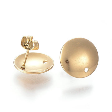 E943 - 10 pcs. 304 Stainless Steel Half Round Earring Ball Posts with Hole - Gold Plated - 13mm x 2mm - Hole: 1.5mm - with Stoppers!
