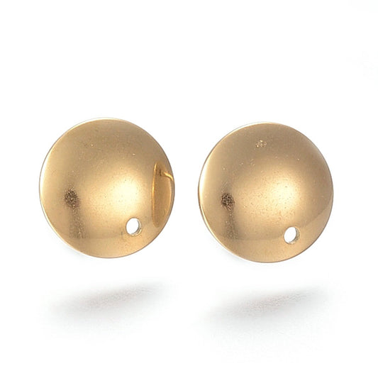 E943 - 10 pcs. 304 Stainless Steel Half Round Earring Ball Posts with Hole - Gold Plated - 13mm x 2mm - Hole: 1.5mm - with Stoppers!