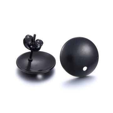 E945 - 10 pcs. 304 Stainless Steel Half Round Earring Ball Posts with Hole - Black - 13mm x 2mm - Hole: 1.5mm - with Stoppers!