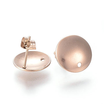 E944 - 10 pcs. 304 Stainless Steel Half Round Earring Ball Posts with Hole - Rose Gold Plated - 13mm x 2mm - Hole: 1.5mm - with Stoppers!