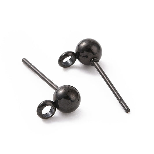 E951 - 10 pcs. (5 pairs) 316 Stainless Steel Earring Ball Posts Settings with Loop - 17mm x 9mm - 6mm Ball - Black - Stoppers Included!