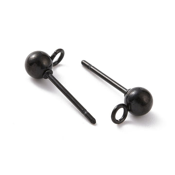 E952 - 10 pcs. (5 pairs) 304 Stainless Steel Earring Ball Posts Settings with Loop - 15mm x 7mm - Black - 4mm Ball Diameter - Stoppers Included!