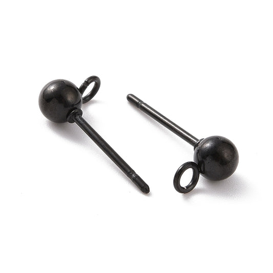 E952 - 10 pcs. (5 pairs) 304 Stainless Steel Earring Ball Posts Settings with Loop - 15mm x 7mm - Black - 4mm Ball Diameter - Stoppers Included!