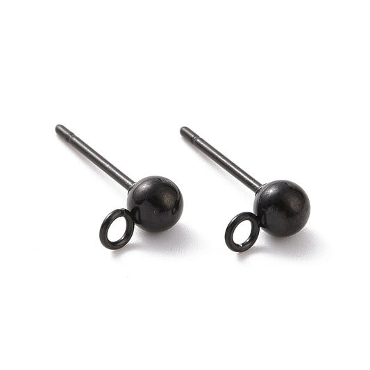 E952 - 10 pcs. (5 pairs) 304 Stainless Steel Earring Ball Posts Settings with Loop - 15mm x 7mm - Black - 4mm Ball Diameter - Stoppers Included!