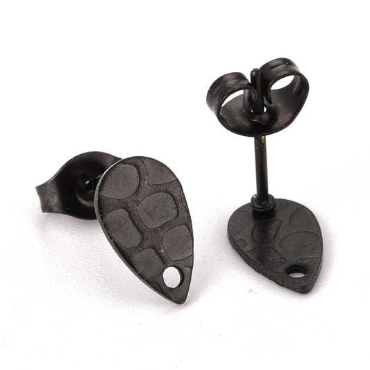 E953 - 10 pcs (5 pairs) 304 Stainless Steel Teardrop Earring Posts/Studs with Backs - 10mm x 6mm - Hole : 1mm - Black - Textured