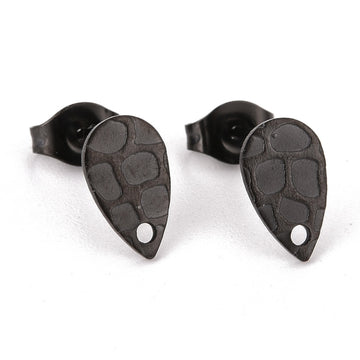 E953 - 10 pcs (5 pairs) 304 Stainless Steel Teardrop Earring Posts/Studs with Backs - 10mm x 6mm - Hole : 1mm - Black - Textured