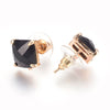 E954 - 2 pcs. Gold Plated Brass Square Earring Posts with Loop - Black Faceted Glass - 11mm x 10mm - Hole: 1mm - with Stoppers