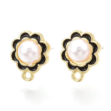 E956 - 10 pcs. Gold Alloy Flower Earring Posts with Loop - Black Enamel and Ivory Plastic Imitation Pearl - 13mm - Hole: 1.6mm