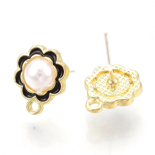 E956 - 10 pcs. Gold Alloy Flower Earring Posts with Loop - Black Enamel and Ivory Plastic Imitation Pearl - 13mm - Hole: 1.6mm