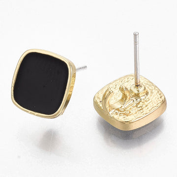 E957 - 10 pcs. Alloy Golden Square Earring Posts with Loop - Black Enamel - 9.5mm x 9mm - Hole: 3mm - with Stoppers!