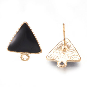 E958 - 10 pcs. Alloy Golden Triangle Earring Posts with Loop - Black Enamel - 15mm x 13.5mm - Hole: 1.5mm - with Stoppers!