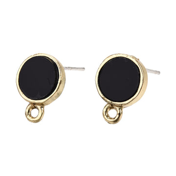 E959 - 10 pcs. Alloy Golden Circle Earring Posts with Loop - Black Faux Leather - 11mm x 8mm - Hole: 1.2mm - with Stoppers!