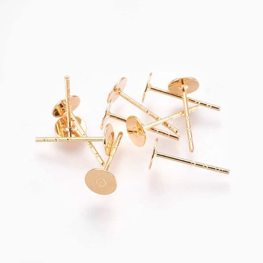E971 - 10 pieces (5 pairs) Brass Real 18k Gold Plated Earring Posts/Bases/Studs/Settings with Rubber Backs - 5mm