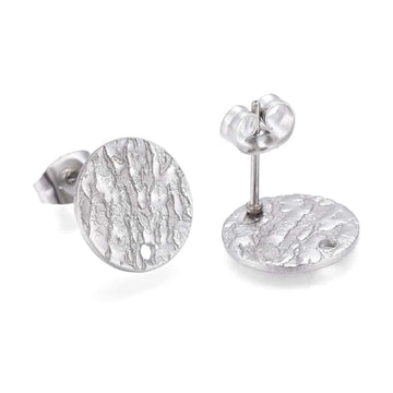 E964 - 10 pcs. (5 pairs) 304 Stainless Steel Silver Tone Earring Posts/Bases/Studs - 12mm Diameter - Hole Size: 1.4mm - TEXTURED - Knockdown