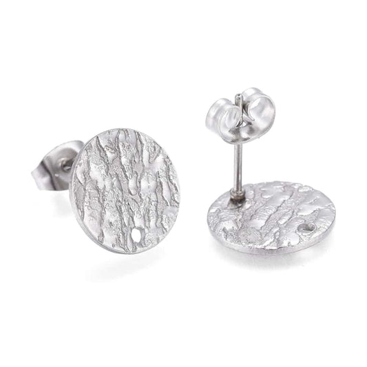 E964 - 10 pcs. (5 pairs) 304 Stainless Steel Silver Tone Earring Posts/Bases/Studs - 12mm Diameter - Hole Size: 1.4mm - TEXTURED - Knockdown