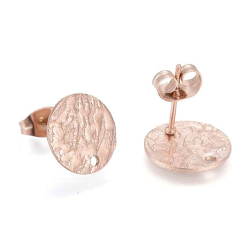 E966 - 10 pcs. (5 pairs) 304 Stainless Steel Rose Gold Plated Earring Posts/Bases/Studs - 12mm Diameter - Hole Size: 1.4mm - TEXTURED - Knockdown